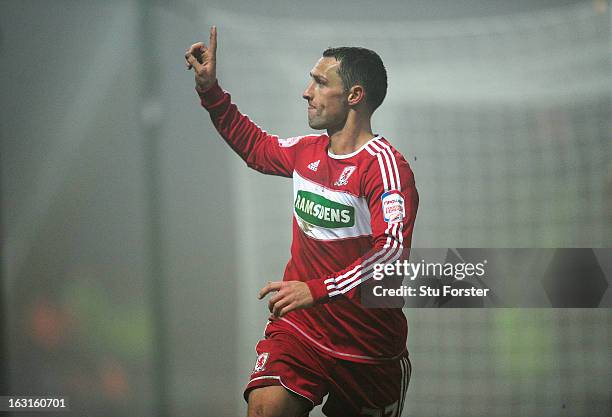 Middlesbrough player Scott McDonald celebrates his goal during the npower Championship match between Huddersfield Town and Middlesbrough at John...