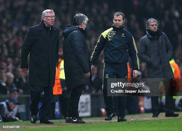 Manchester United Manager Sir Alex Ferguson reacts after Nani of Manchester United is sent off during the UEFA Champions League Round of 16 Second...