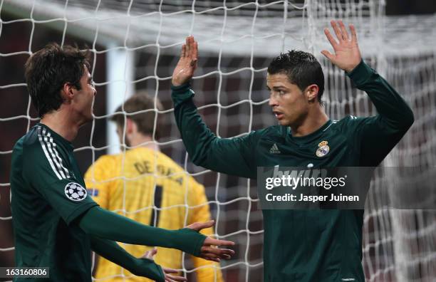 Cristiano Ronaldo of Real Madrid reacts after scoring his team's second goal during the UEFA Champions League Round of 16 Second leg match between...