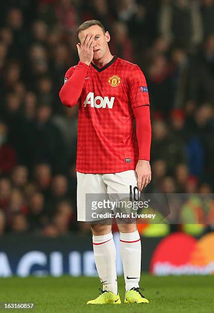 Wayne Rooney of Manchester United looks dejected during the UEFA Champions League Round of 16 Second leg match between Manchester United and Real...