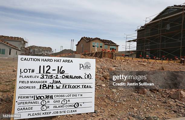 An sign is posted at the future site of a new home at the Pulte Homes Fireside at Norterra-Skyline housing development on March 5, 2013 in Phoenix,...