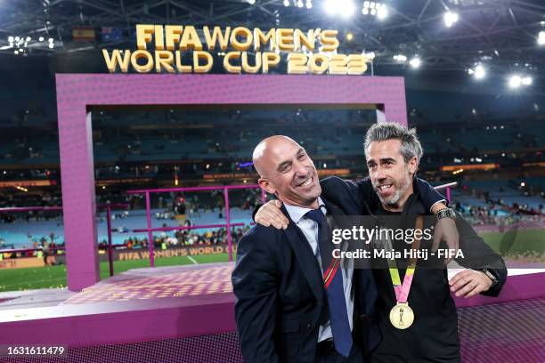 Jorge Vilda, Head Coach of Spain and Spanish FA president Luis Rubiales celebrate victory after the FIFA Women's World Cup Australia & New Zealand...