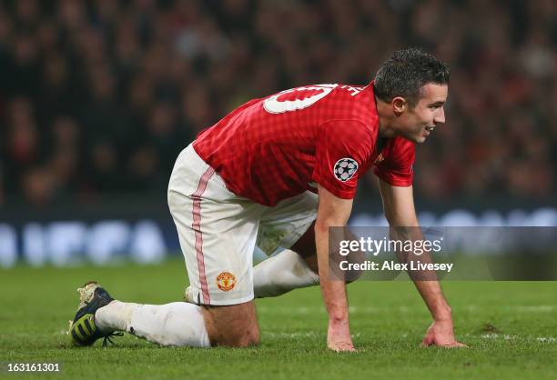 Robin van Persie of Manchester United reacts during the UEFA Champions League Round of 16 Second leg match between Manchester United and Real Madrid...