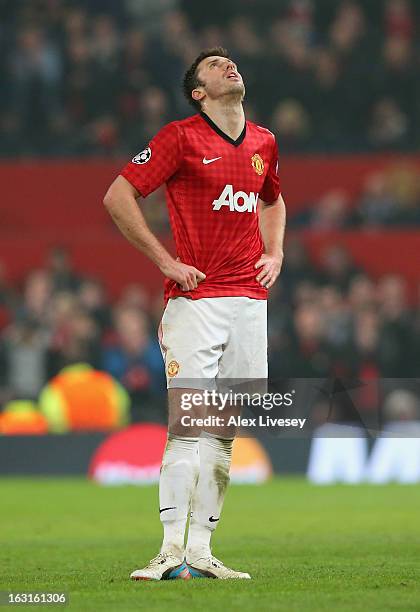 Michael Carrick of Manchester United reacts during the UEFA Champions League Round of 16 Second leg match between Manchester United and Real Madrid...