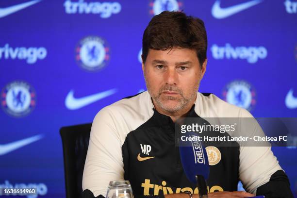 Head Coach Mauricio Pochettino of Chelsea during a press conference at Chelsea Training Ground on August 29, 2023 in Cobham, England.