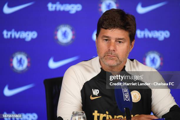 Head Coach Mauricio Pochettino of Chelsea during a press conference at Chelsea Training Ground on August 29, 2023 in Cobham, England.