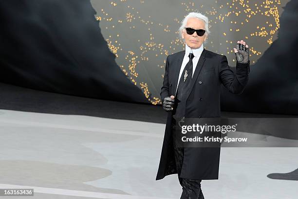 Karl Lagerfeld walks the runway during the Chanel Fall/Winter 2013/14 Ready-to-Wear show as part of Paris Fashion Week at Grand Palais on March 5,...