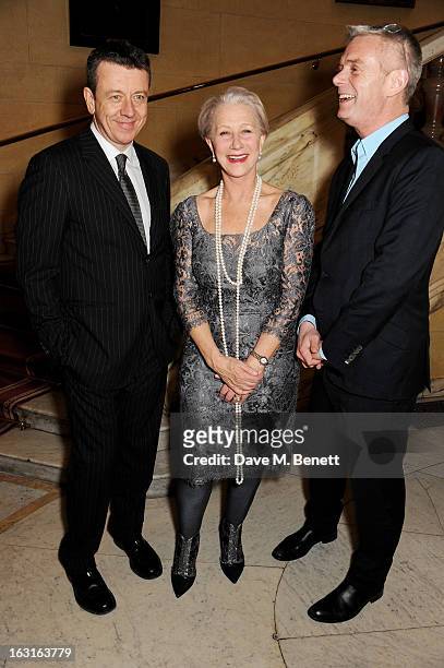 Writer Peter Morgan, Dame Helen Mirren and director Stephen Daldry attend an after party following the press night performance of 'The Audience' at...
