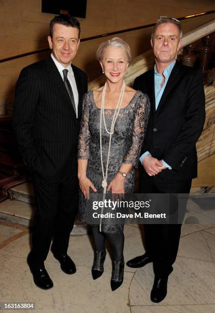 Writer Peter Morgan, Dame Helen Mirren and director Stephen Daldry attend an after party following the press night performance of 'The Audience' at...