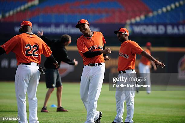 Jonathan Schoop of Team Netherlands warms up before batting practice before Pool B, Game 5 between Team Australia and Team Netherlands during the...