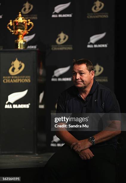 All Black Coach Steve Hansen talks to students during the New Zealand Rugby Union Community Program Launch at Rosmini College on March 6, 2013 in...