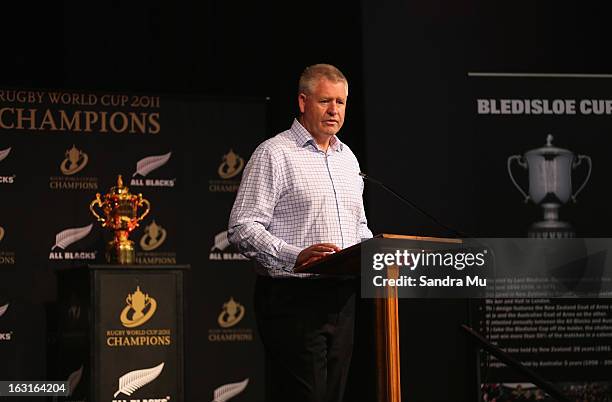 New Zealand Rugby Union CEO Steve Tew talks to students during the New Zealand Rugby Union Community Program Launch at Rosmini College on March 6,...