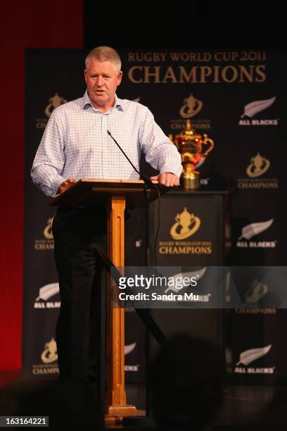 New Zealand Rugby Union CEO Steve Tew talks to students during the New Zealand Rugby Union Community Program Launch at Rosmini College on March 6,...
