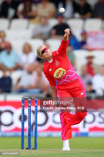Alex Hartley of Welsh Fire bowls during The Hundred match between Northern Superchargers Women and Welsh Fire Women at Headingley on August 22, 2023...