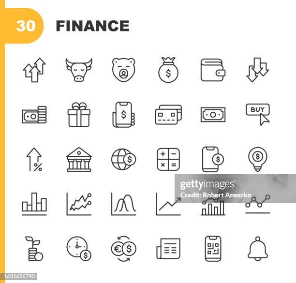finance and money line icons. editable stroke. pixel perfect. for mobile and web. contains such icons as bank, chart, credit card, cryptocurrency, debt, diagram, dollar, e-commerce, insurance, payments, price, retirement, shopping, stock market, wallet. - revenue stock illustrations