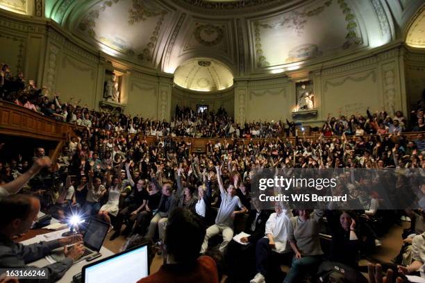 La Sorbonne Replays May 68. Mouvement de grève des universités contre le projet de réforme sur les enseignants chercheurs suivi par les étudiants et...