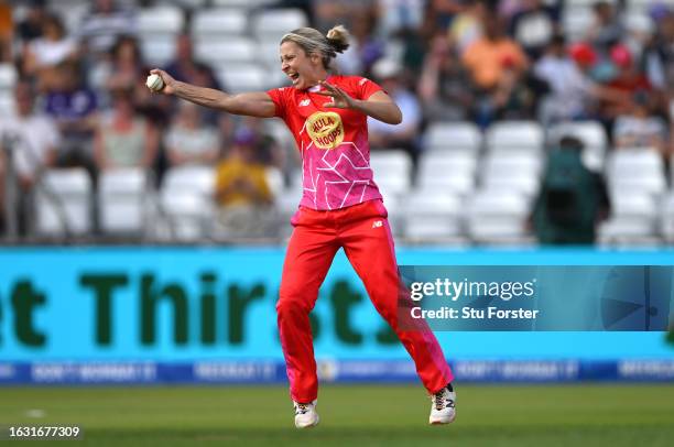 Fire bowler Claire Nicholas takes a one handed return catch off her own bowling to dismiss Superchargers batter Phoebe Litchfield during The Hundred...