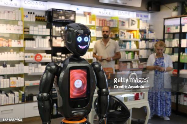 Powered Robot named ''Marbot'' is seen at the entrance of pharmacy as he helps customers like a team member in Yalova, Turkiye on August 29, 2023....