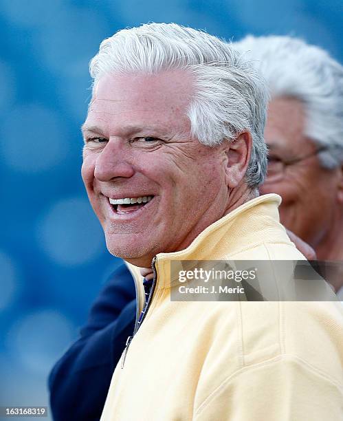 General Manager Frank Wren of the Atlanta Braves smiles during batting practice just before the start of the Grapefruit League Spring Training Game...