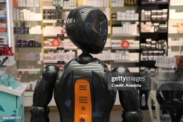 Powered Robot named ''Marbot'' is seen at the entrance of pharmacy as he helps customers like a team member in Yalova, Turkiye on August 29, 2023....