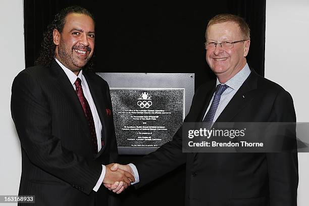 President of Olympic Council of Asia, Sheikh Ahmed Al-Fahad Al-Ahmed Al-Sabah and President of the Australian Olympic Committee, John Coates shake...