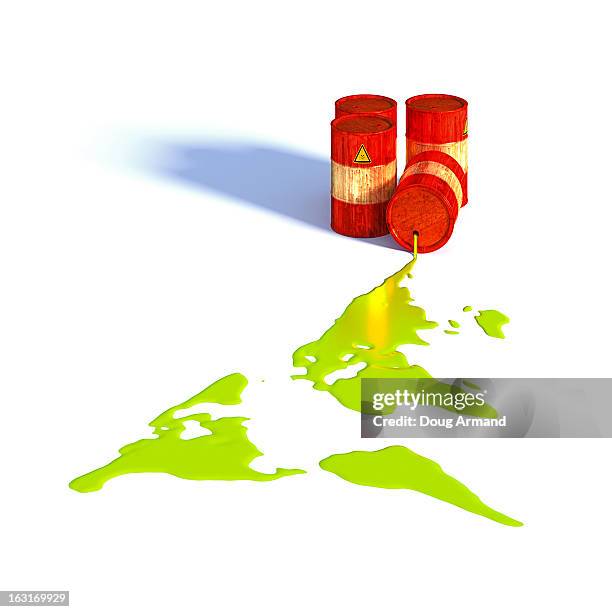 metal drums spilling toxic liquid in shape of eart - map of uk stock illustrations