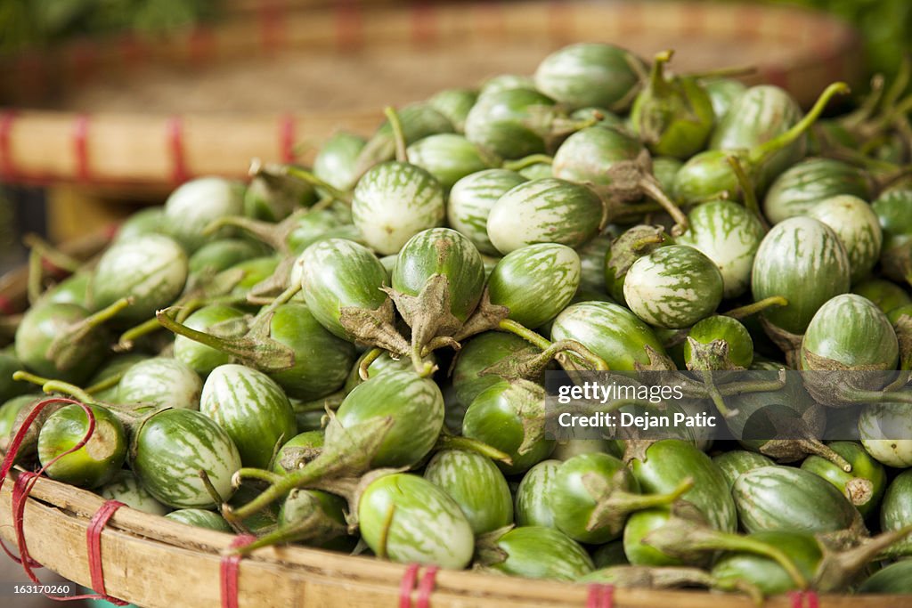 Small round eggplants at farmers market