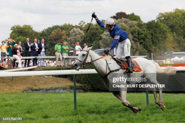 Winner of the Grote Steeple Chase Angelo Zuliani and his horse Polinuit celebrates after winning the yearly Waregem Koerse, 'Grote Steeple Chase van...
