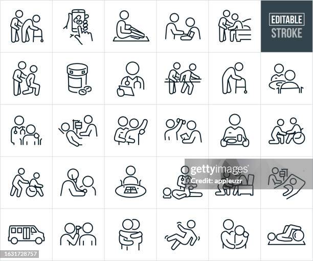 stockillustraties, clipart, cartoons en iconen met nursing home, assisted living and residential care thin line icons - editable stroke - ergotherapie