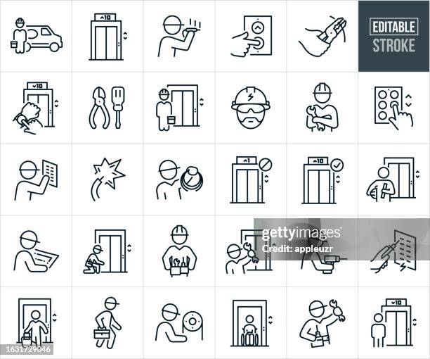 stockillustraties, clipart, cartoons en iconen met elevator installation and repair thin line icons - editable stroke - liften