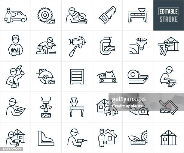 dünne liniensymbole für tischlerei und holzbearbeitung - bearbeitbarer strich - handyman stock-grafiken, -clipart, -cartoons und -symbole