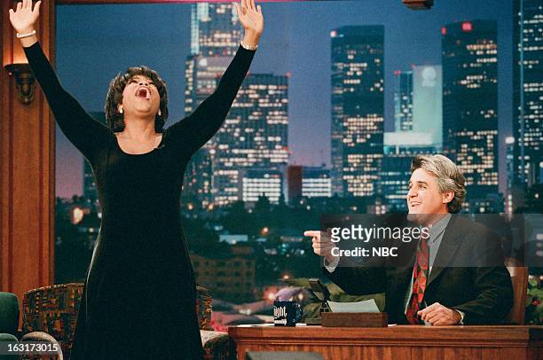 Episode 1032 -- Pictured: Talk show host Oprah Winfrey during an interview with host Jay Leno on November 15, 1996 --