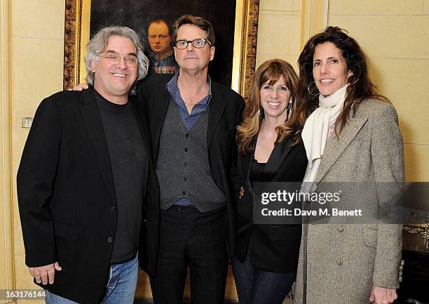 Paul Greengrass, Barnaby Thompson, Joanna Kaye and Christina Robert attend an after party following the press night performance of 'The Audience' at...