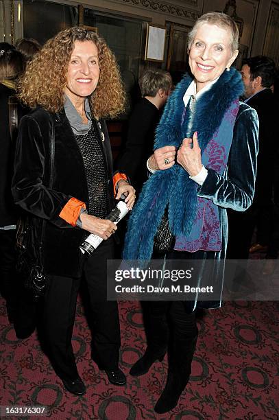 Nicole Farhi and Pauline Stone pose in the foyer followin the press night performance of 'The Audience' at the Gielgud Theatre on March 5, 2013 in...