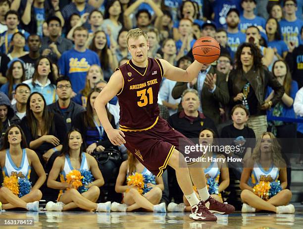 Jonathan Gilling of the Arizona State Sun Devils saves the ball during the game against the UCLA Bruins at Pauley Pavilion on February 27, 2013 in...