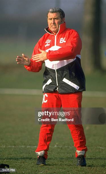 Chelsea Manager Bobby Campbell directs his team during a training session at Stamford Bridge in London. \ Mandatory Credit: Ben Radford/Allsport