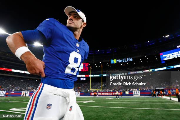 Quarterback Daniel Jones of the New York Giants after defeating the Carolina Panthers 21-19 in a pre-season football game at MetLife Stadium on...