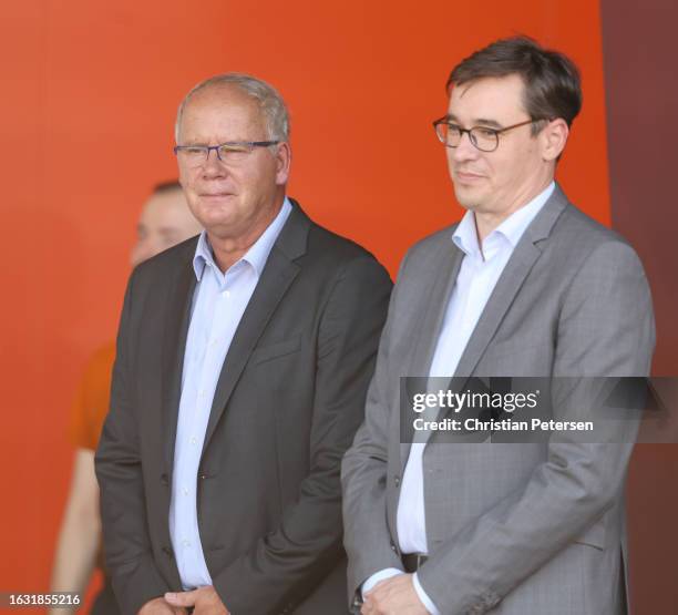 Sandor Wladar, Vice President of the Hungarian Olympic Committee, and Gergely Karacsony, Mayor of Budapest looks on in the medal ceremony for the...