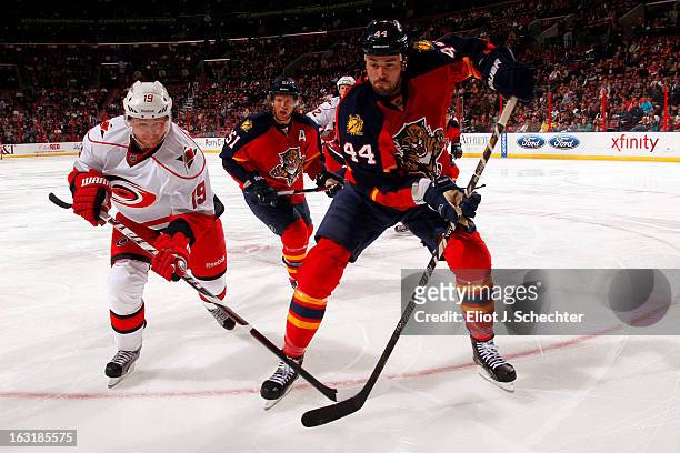 Erik Gudbranson of the Florida Panthers crosses sticks with Jiri Tlusty the Carolina Hurricanes at the BB&T Center on March 3, 2013 in Sunrise,...