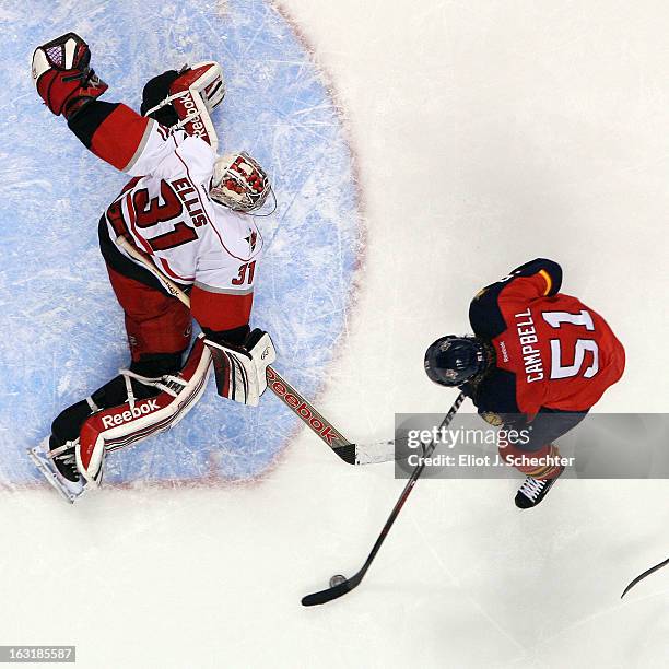 Goaltender Dan Ellis of the Carolina Hurricanes makes a save against Brian Campbell of the Florida Panthers at the BB&T Center on March 3, 2013 in...