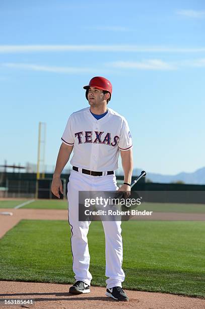 Mitch Moreland of the Texas Rangers poses during a portrait session on February 16, 2013 in Glendale, Arizona.