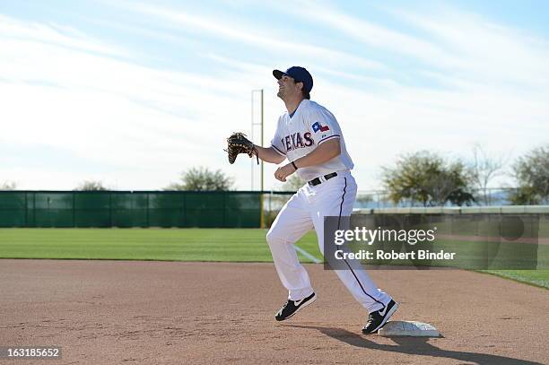 Mitch Moreland of the Texas Rangers poses during a portrait session on February 16, 2013 in Glendale, Arizona.