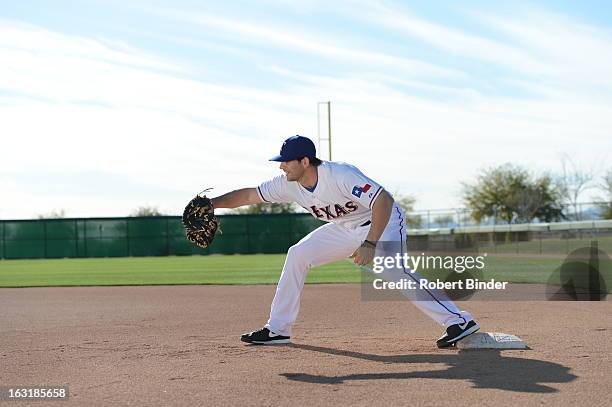 Mitch Moreland of the Texas Rangers poses during a portrait session on February 16, 2013 in Glendale, Arizona.