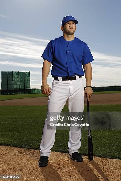 Mitch Moreland of the Texas Rangers poses during a portrait session on February 16, 2013 in Glendale, Arizona.