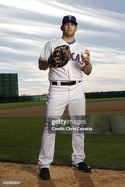 Mitch Moreland of the Texas Rangers poses during a portrait session on February 16, 2013 in Glendale, Arizona.