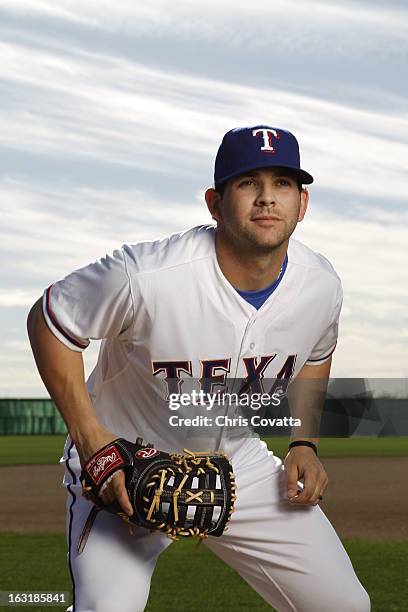 Mitch Moreland of the Texas Rangers poses during a portrait session on February 16, 2013 in Glendale, Arizona.