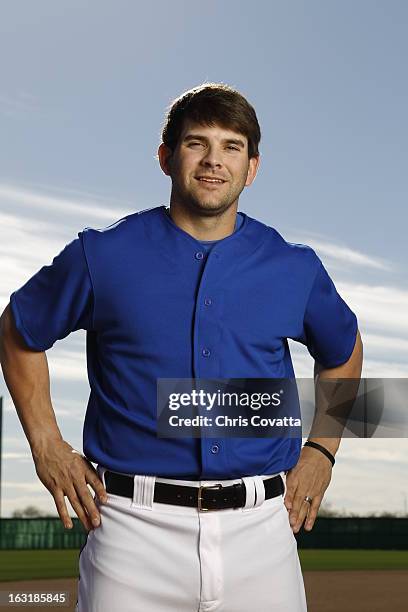 Mitch Moreland of the Texas Rangers poses during a portrait session on February 16, 2013 in Glendale, Arizona.