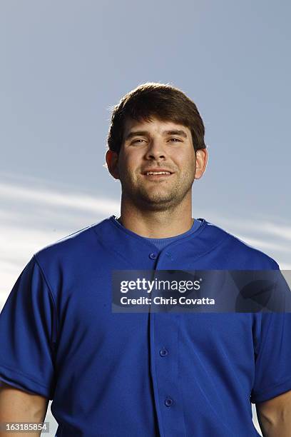 Mitch Moreland of the Texas Rangers poses during a portrait session on February 16, 2013 in Glendale, Arizona.