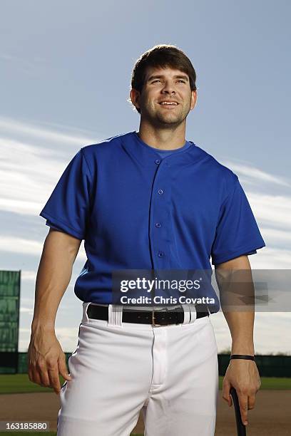 Mitch Moreland of the Texas Rangers poses during a portrait session on February 16, 2013 in Glendale, Arizona.