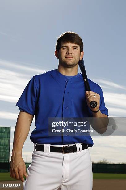 Mitch Moreland of the Texas Rangers poses during a portrait session on February 16, 2013 in Glendale, Arizona.